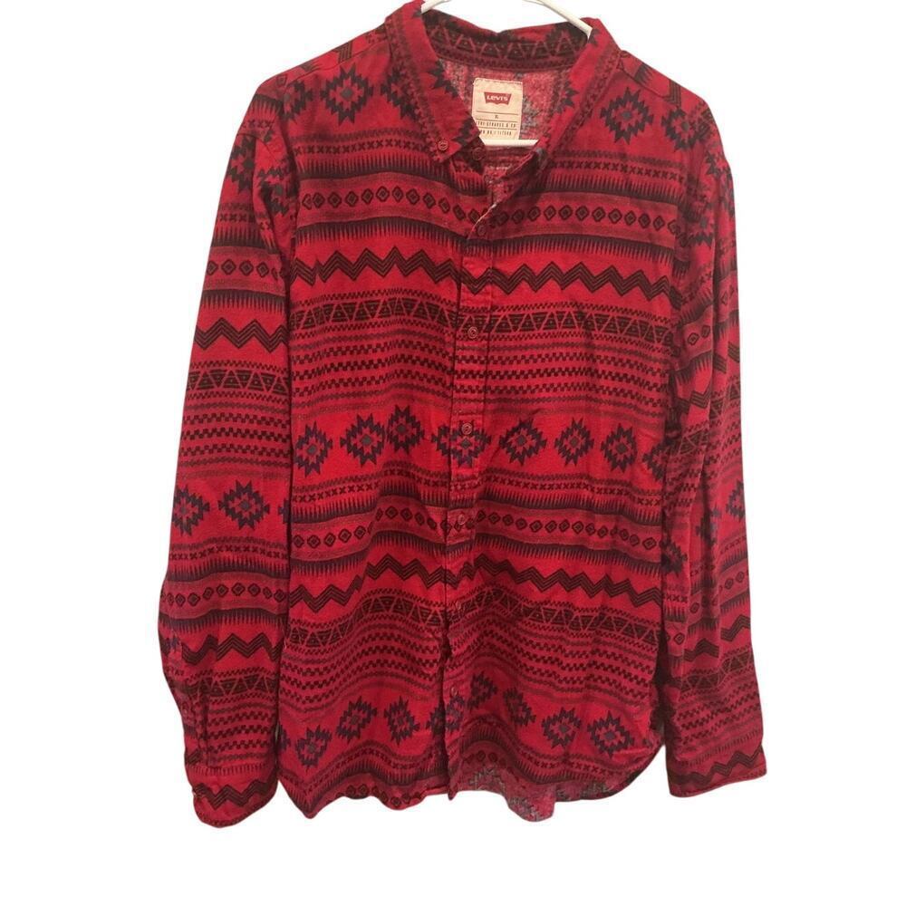 Vintage Levis Mens Flannel Button Up Shirt Button Down Red Aztec Size XL Western